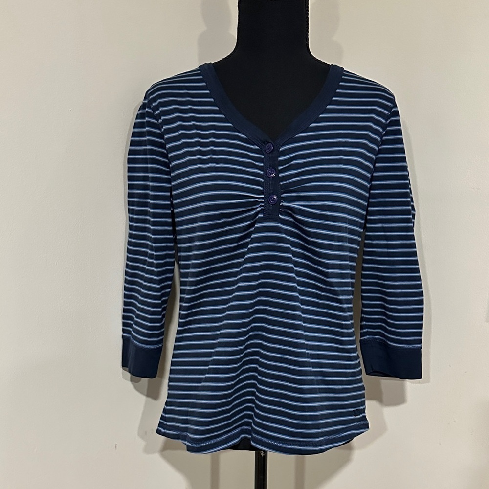 *CUTTER & BUCK* Navy x Lt. Blue Striped V-Neck 3/4 Sleeve Henley Top Size Large